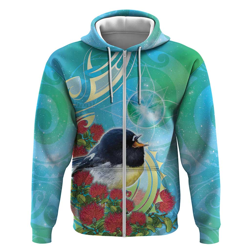 New Zealand Tomtit Zip Hoodie Maori Koru With Pohutukawa Galaxy Style - Aussie Hoodie