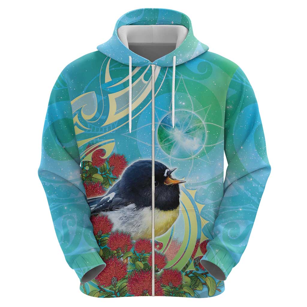New Zealand Tomtit Zip Hoodie Maori Koru With Pohutukawa Galaxy Style - Aussie Hoodie