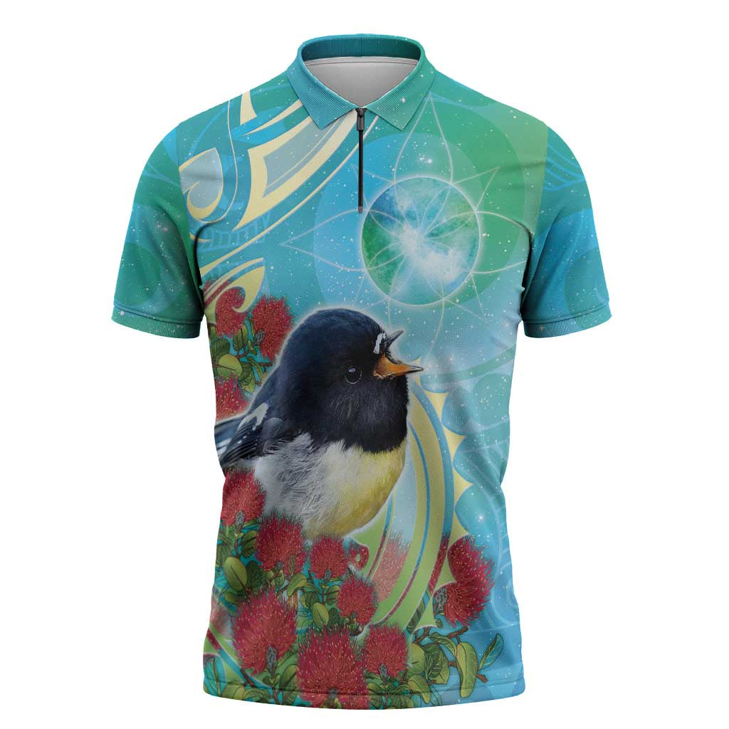 New Zealand Tomtit Zipper Polo Shirt Maori Koru With Pohutukawa Galaxy Style - Aussie Hoodie