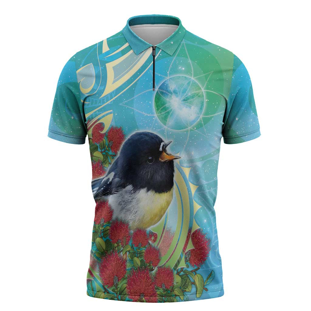 New Zealand Tomtit Zipper Polo Shirt Maori Koru With Pohutukawa Galaxy Style - Aussie Hoodie