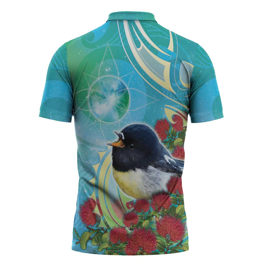 New Zealand Tomtit Zipper Polo Shirt Maori Koru With Pohutukawa Galaxy Style - Aussie Hoodie
