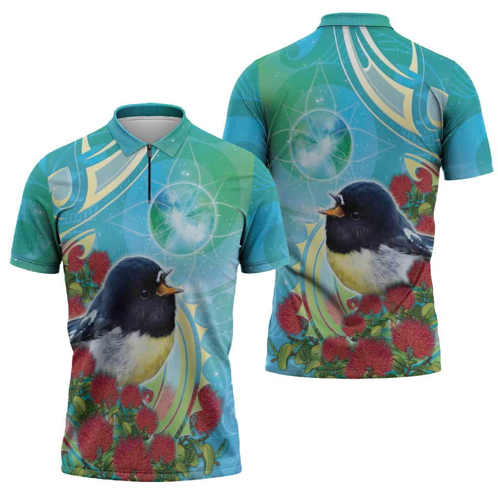 New Zealand Tomtit Zipper Polo Shirt Maori Koru With Pohutukawa Galaxy Style - Aussie Hoodie