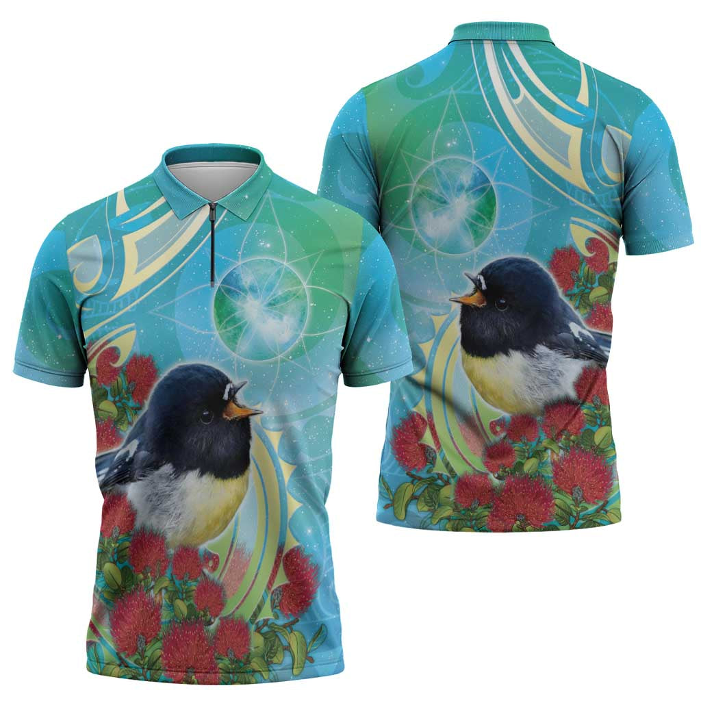 New Zealand Tomtit Zipper Polo Shirt Maori Koru With Pohutukawa Galaxy Style - Aussie Hoodie