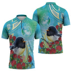 New Zealand Tomtit Zipper Polo Shirt Maori Koru With Pohutukawa Galaxy Style - Aussie Hoodie