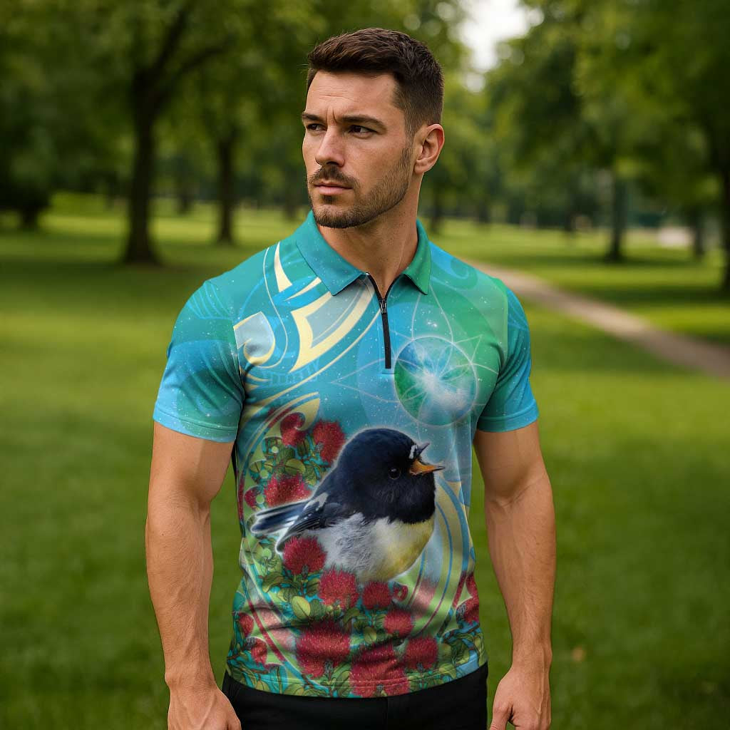 New Zealand Tomtit Zipper Polo Shirt Maori Koru With Pohutukawa Galaxy Style - Aussie Hoodie