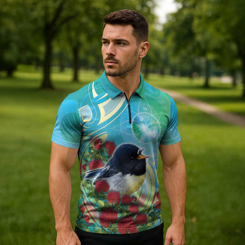 New Zealand Tomtit Zipper Polo Shirt Maori Koru With Pohutukawa Galaxy Style - Aussie Hoodie