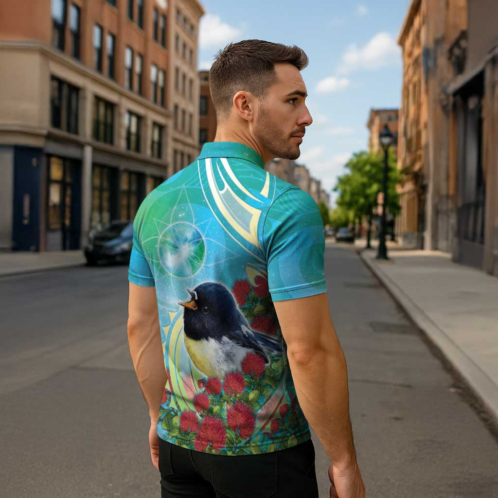 New Zealand Tomtit Zipper Polo Shirt Maori Koru With Pohutukawa Galaxy Style - Aussie Hoodie