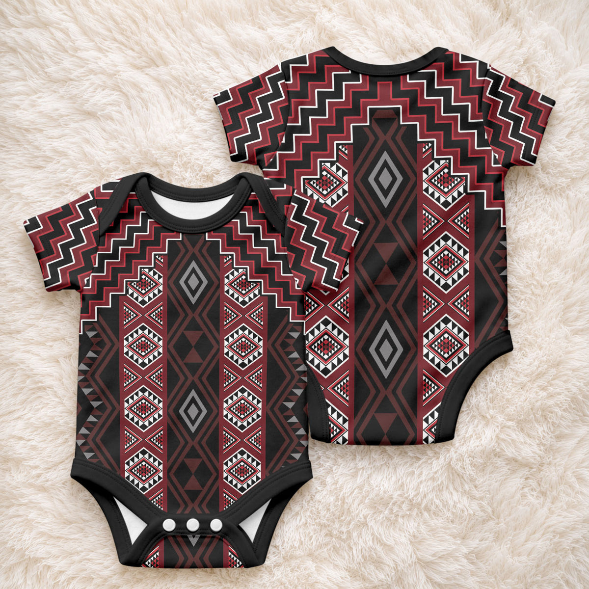 New Zealand Aotearoa Baby Onesie Red Poutama With Taniko Pattern