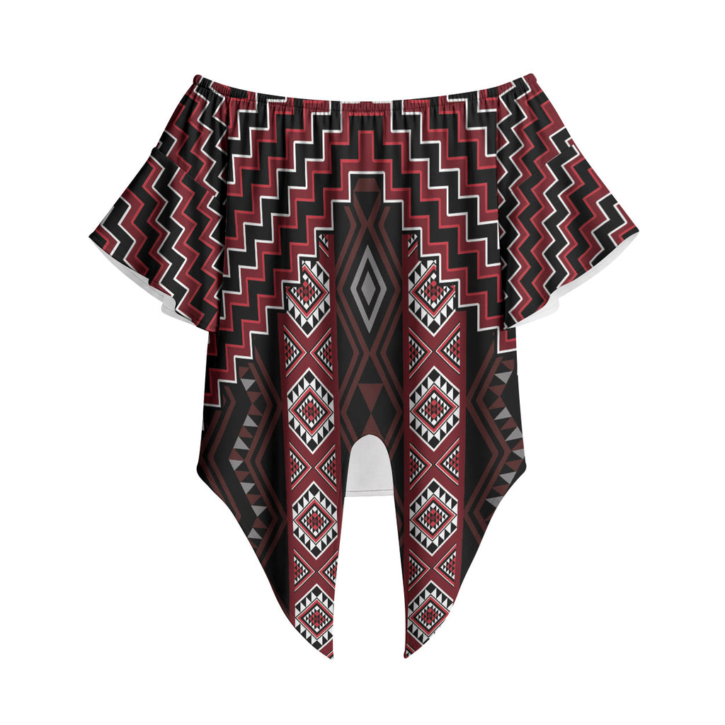 New Zealand Aotearoa Off Shoulder Wrap Waist Top Red Poutama With Taniko Pattern