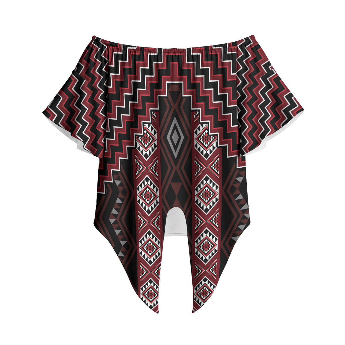 New Zealand Aotearoa Off Shoulder Wrap Waist Top Red Poutama With Taniko Pattern