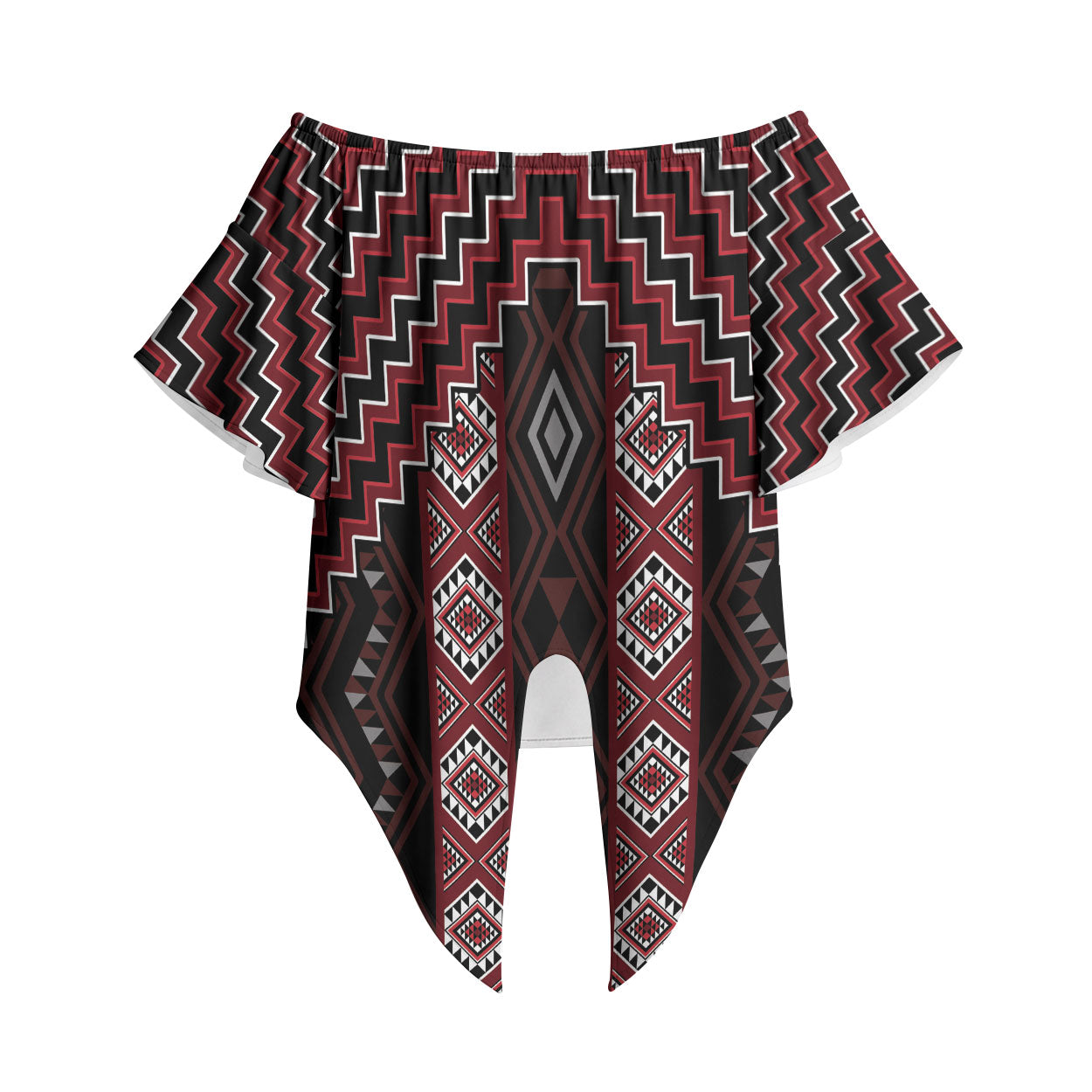 New Zealand Aotearoa Off Shoulder Wrap Waist Top Red Poutama With Taniko Pattern