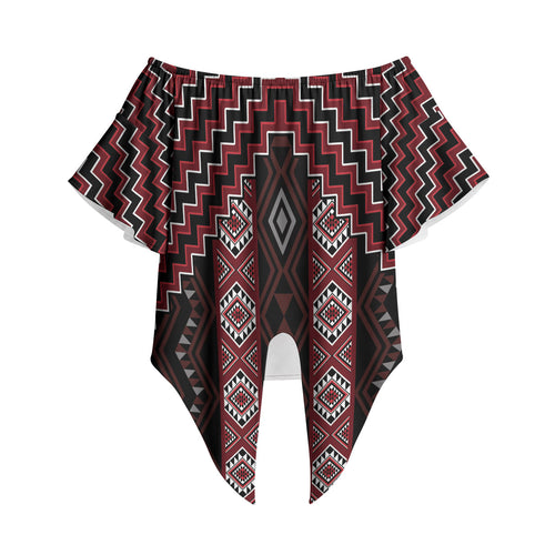 New Zealand Aotearoa Off Shoulder Wrap Waist Top Red Poutama With Taniko Pattern
