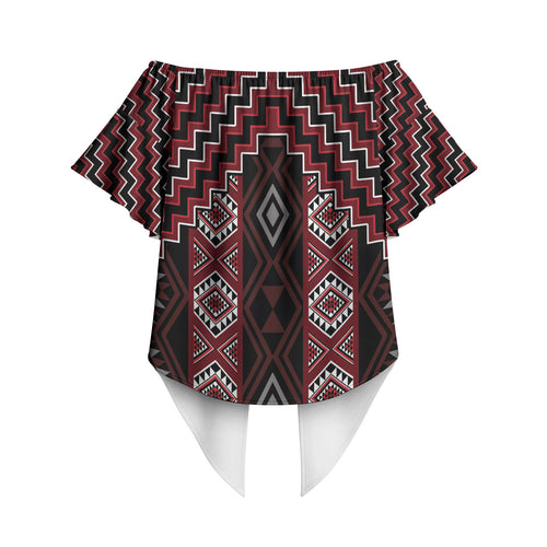 New Zealand Aotearoa Off Shoulder Wrap Waist Top Red Poutama With Taniko Pattern