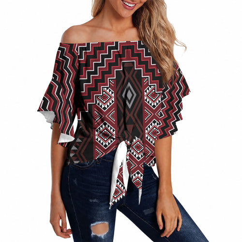 New Zealand Aotearoa Off Shoulder Wrap Waist Top Red Poutama With Taniko Pattern