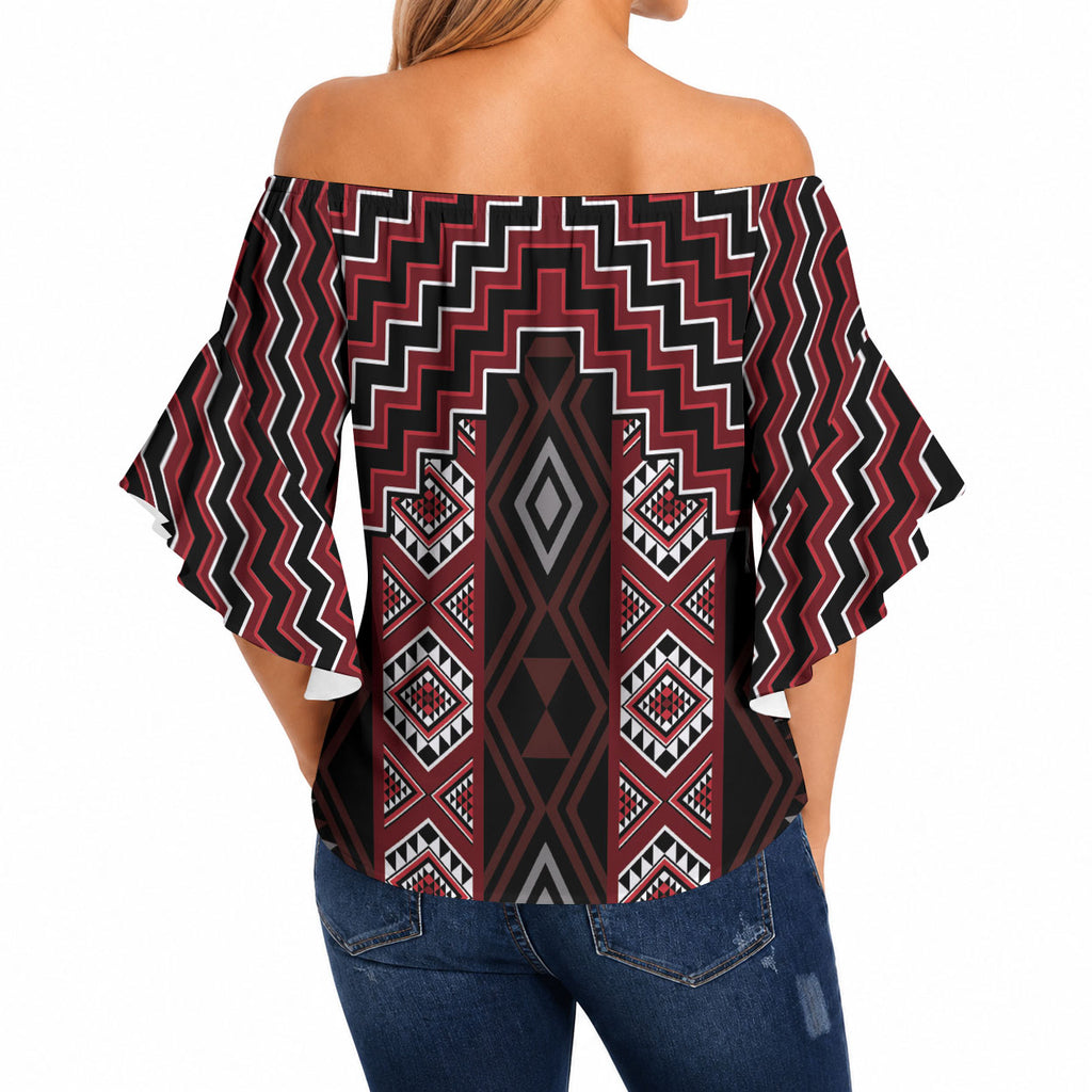 New Zealand Aotearoa Off Shoulder Wrap Waist Top Red Poutama With Taniko Pattern