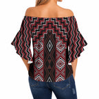 New Zealand Aotearoa Off Shoulder Wrap Waist Top Red Poutama With Taniko Pattern