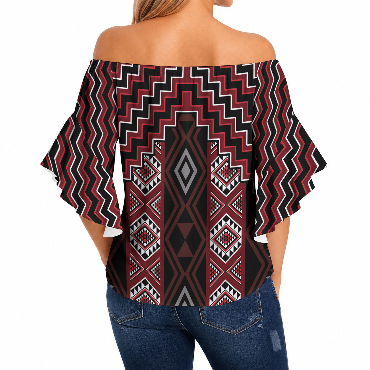 New Zealand Aotearoa Off Shoulder Wrap Waist Top Red Poutama With Taniko Pattern