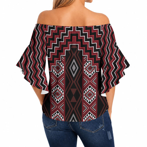 New Zealand Aotearoa Off Shoulder Wrap Waist Top Red Poutama With Taniko Pattern