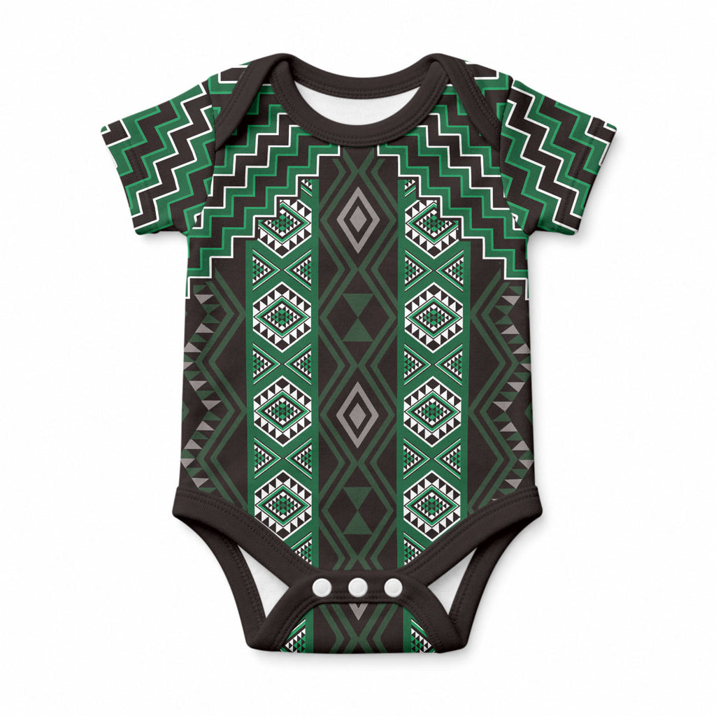 New Zealand Aotearoa Baby Onesie Green Poutama With Taniko Pattern