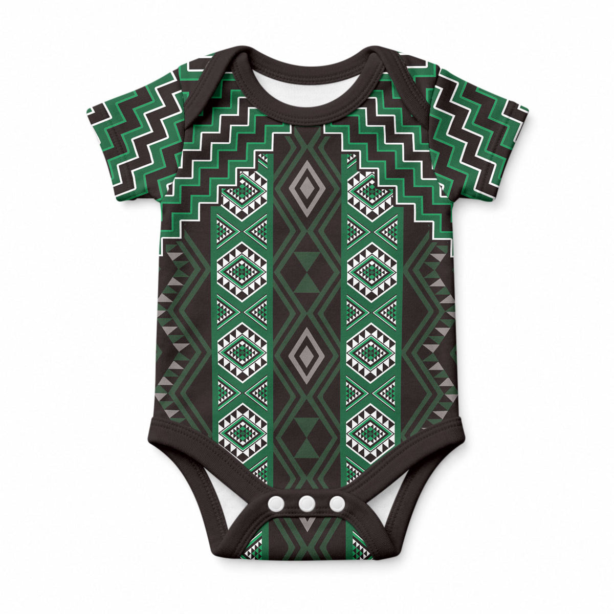 New Zealand Aotearoa Baby Onesie Green Poutama With Taniko Pattern