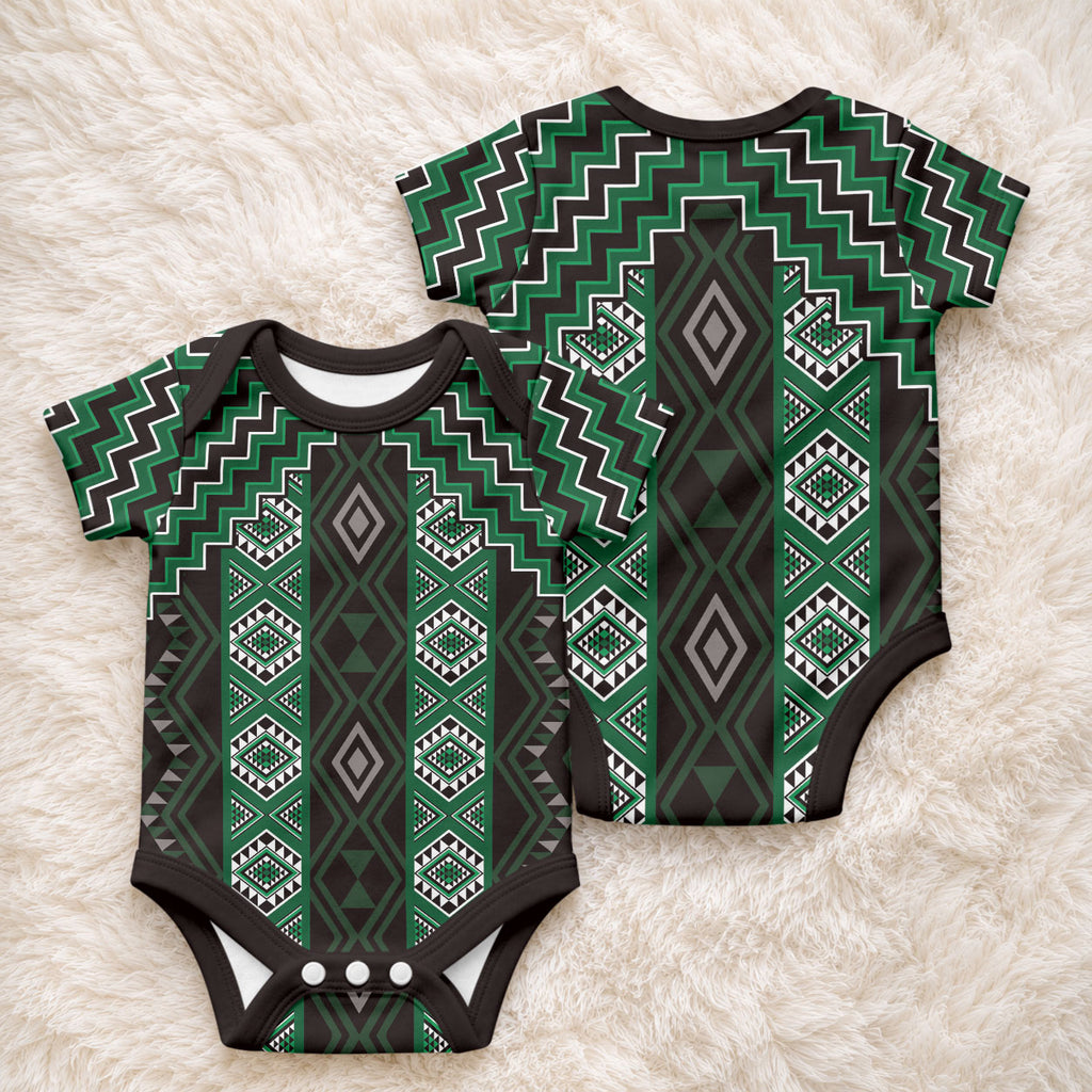 New Zealand Aotearoa Baby Onesie Green Poutama With Taniko Pattern