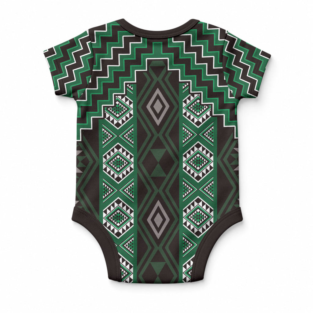 New Zealand Aotearoa Baby Onesie Green Poutama With Taniko Pattern