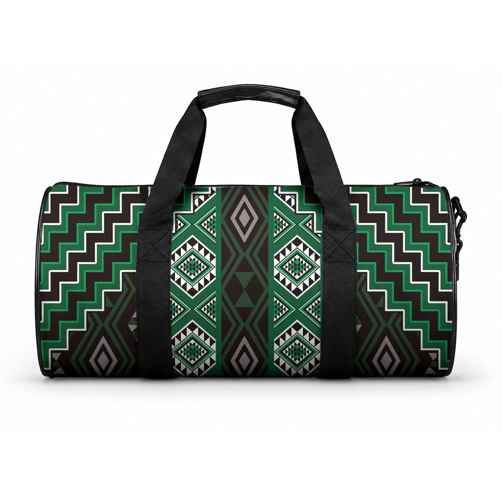 New Zealand Aotearoa Duffle Bag Green Poutama With Taniko Pattern