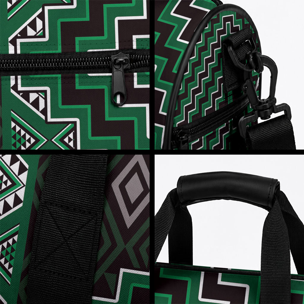 New Zealand Aotearoa Duffle Bag Green Poutama With Taniko Pattern