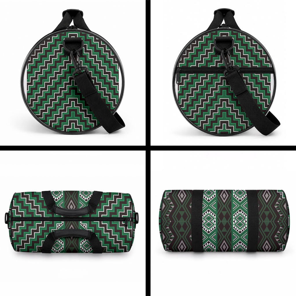 New Zealand Aotearoa Duffle Bag Green Poutama With Taniko Pattern