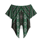 New Zealand Aotearoa Off Shoulder Wrap Waist Top Green Poutama With Taniko Pattern
