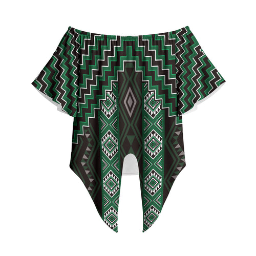 New Zealand Aotearoa Off Shoulder Wrap Waist Top Green Poutama With Taniko Pattern