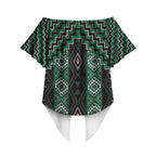 New Zealand Aotearoa Off Shoulder Wrap Waist Top Green Poutama With Taniko Pattern