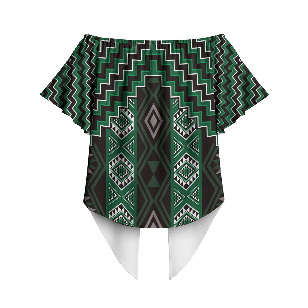 New Zealand Aotearoa Off Shoulder Wrap Waist Top Green Poutama With Taniko Pattern