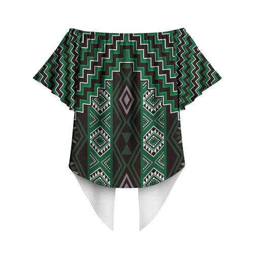 New Zealand Aotearoa Off Shoulder Wrap Waist Top Green Poutama With Taniko Pattern