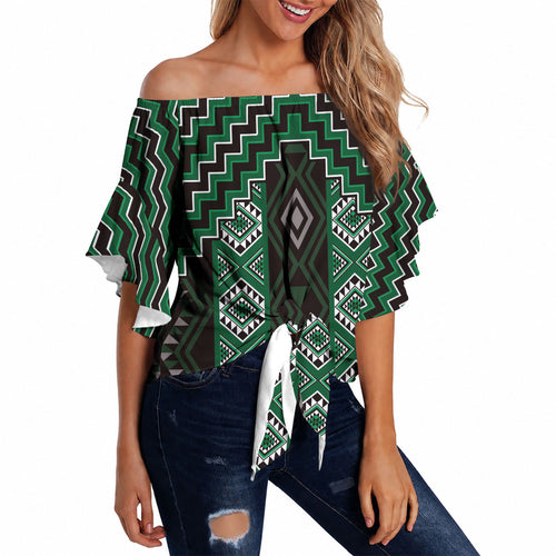 New Zealand Aotearoa Off Shoulder Wrap Waist Top Green Poutama With Taniko Pattern