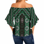 New Zealand Aotearoa Off Shoulder Wrap Waist Top Green Poutama With Taniko Pattern