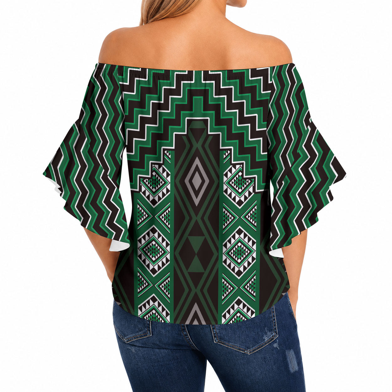 New Zealand Aotearoa Off Shoulder Wrap Waist Top Green Poutama With Taniko Pattern