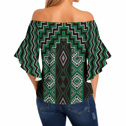 New Zealand Aotearoa Off Shoulder Wrap Waist Top Green Poutama With Taniko Pattern