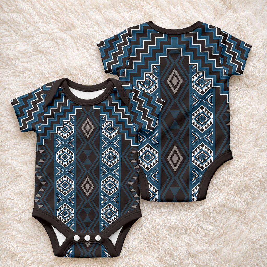 New Zealand Aotearoa Baby Onesie Blue Poutama With Taniko Pattern