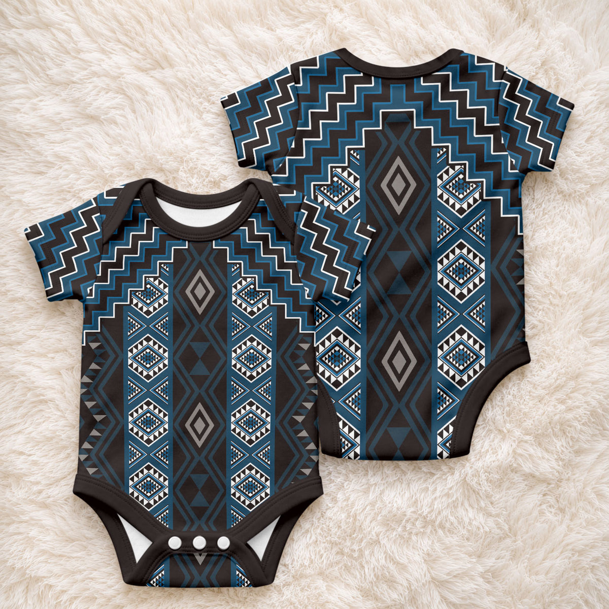 New Zealand Aotearoa Baby Onesie Blue Poutama With Taniko Pattern
