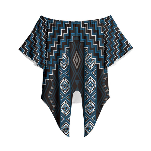 New Zealand Aotearoa Off Shoulder Wrap Waist Top Blue Poutama With Taniko Pattern