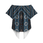New Zealand Aotearoa Off Shoulder Wrap Waist Top Blue Poutama With Taniko Pattern