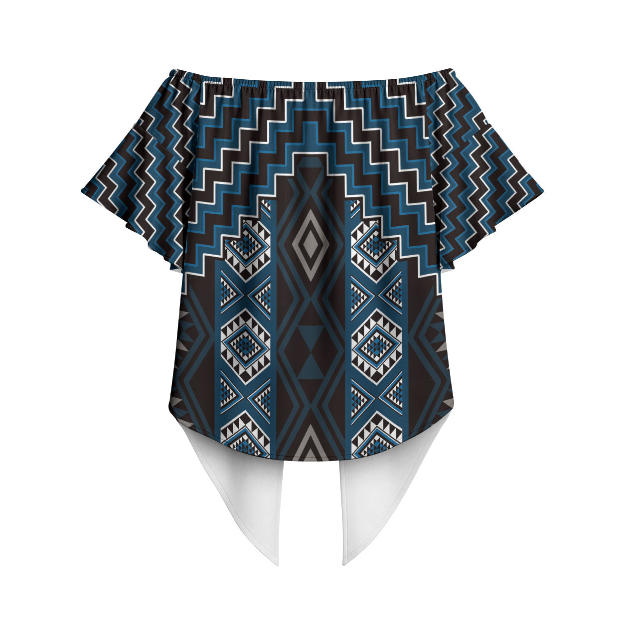 New Zealand Aotearoa Off Shoulder Wrap Waist Top Blue Poutama With Taniko Pattern