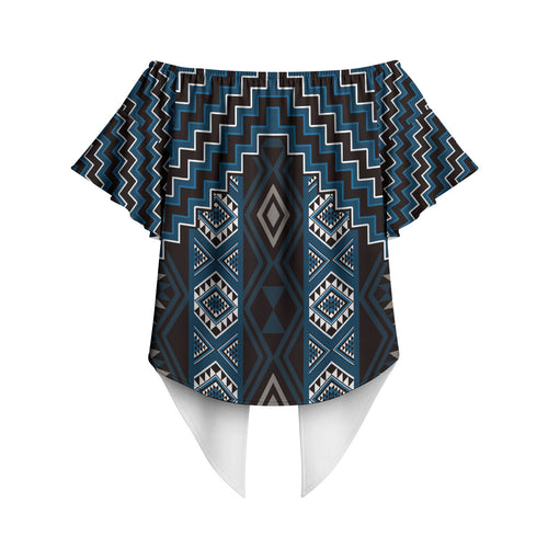 New Zealand Aotearoa Off Shoulder Wrap Waist Top Blue Poutama With Taniko Pattern