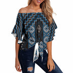 New Zealand Aotearoa Off Shoulder Wrap Waist Top Blue Poutama With Taniko Pattern