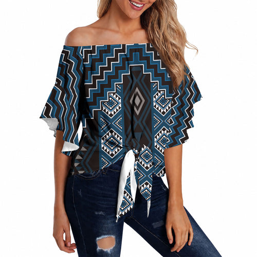 New Zealand Aotearoa Off Shoulder Wrap Waist Top Blue Poutama With Taniko Pattern