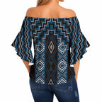 New Zealand Aotearoa Off Shoulder Wrap Waist Top Blue Poutama With Taniko Pattern