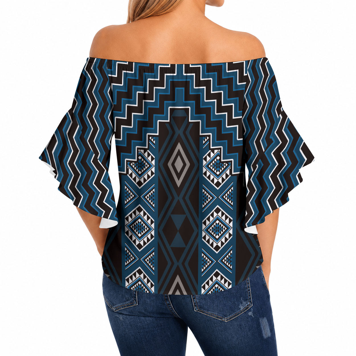 New Zealand Aotearoa Off Shoulder Wrap Waist Top Blue Poutama With Taniko Pattern