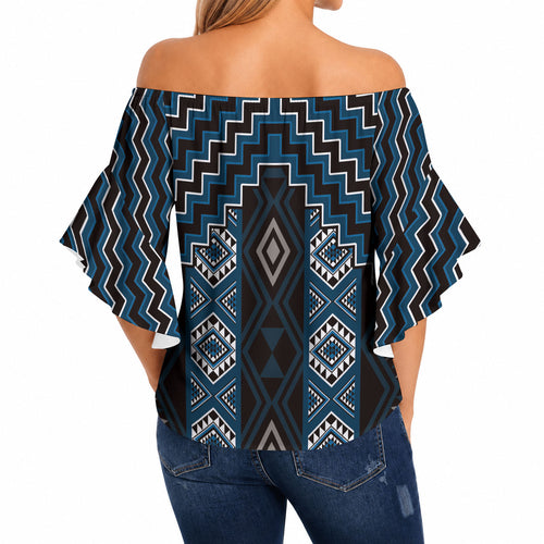 New Zealand Aotearoa Off Shoulder Wrap Waist Top Blue Poutama With Taniko Pattern