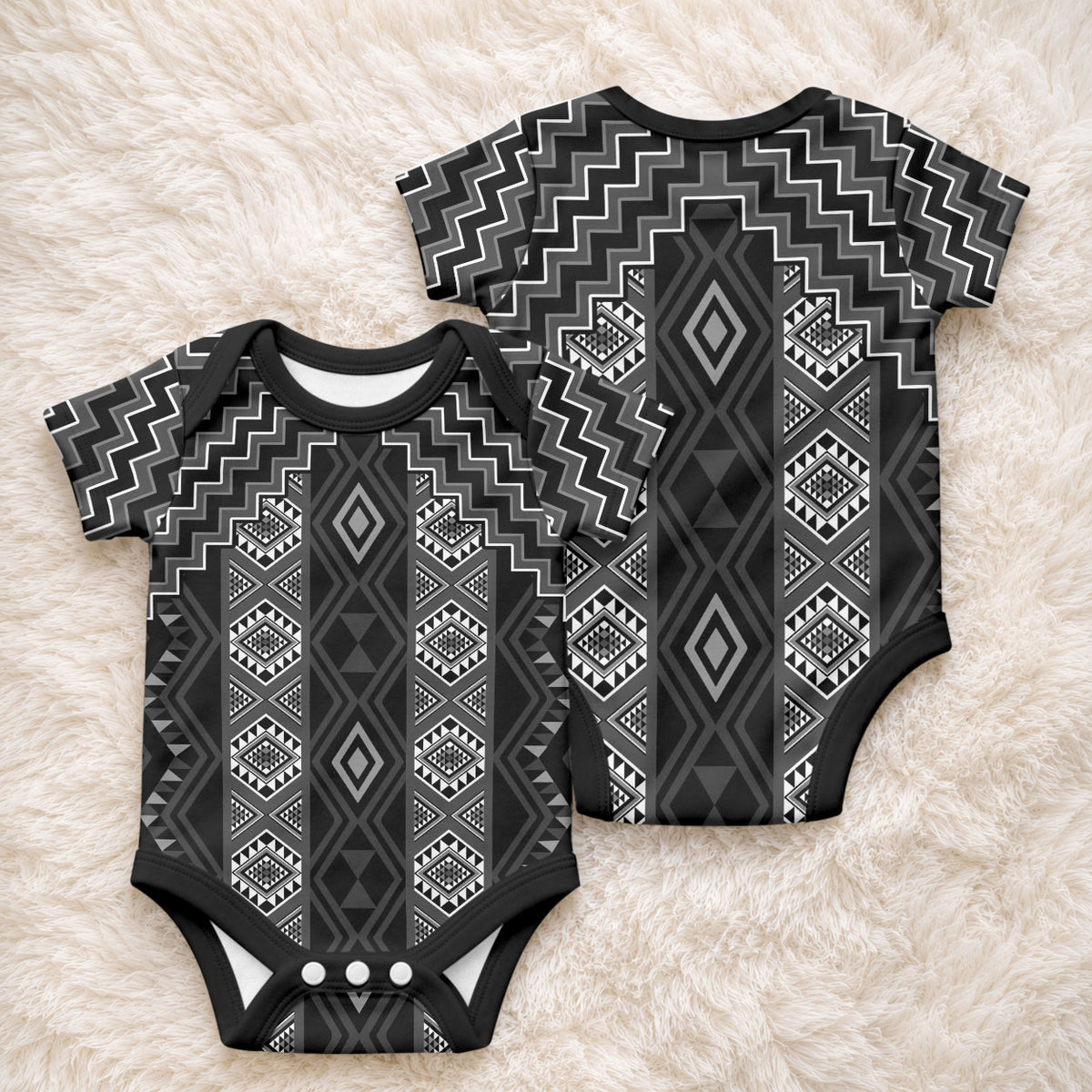 New Zealand Aotearoa Baby Onesie Black Poutama With Taniko Pattern